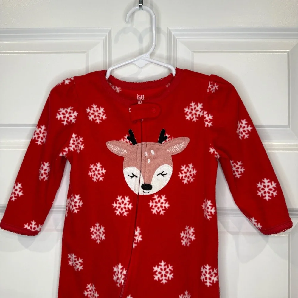 Carter's Red Snowflake Reindeer‎ Fleece Footed Pajamas Size 12 Months